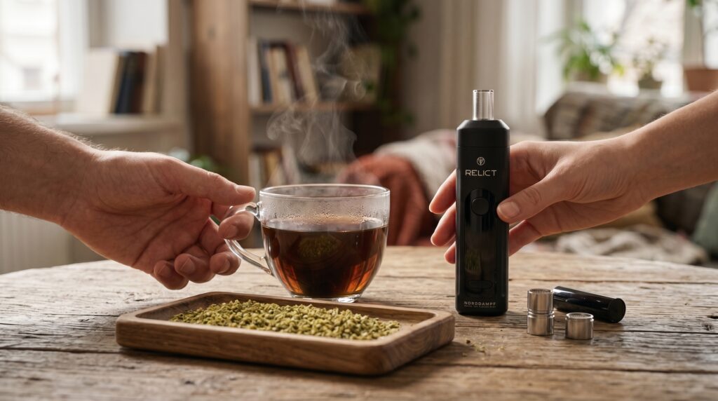 Tee und verdampfen, beides ist möglich mit Helmkraut. Der Relict erreicht eine effiziente Leistung bei den Kräutern und Cannabis.
