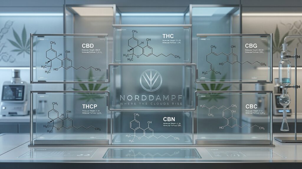Eine Übersicht der Cannabinoide von Cannabis, auf einer Norddampf Tafel