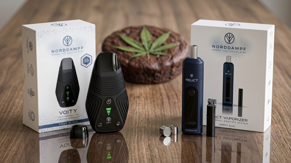 Der Voity und Relict Vaporizer von Norddampf stehen im Vergleich zu einem Space Cake. Der Verzehr von Edibles kann unkontrolliert sein, weshalb das verdampfen eine gute Alternative ist. 