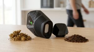Der Voity Vaporizer liegt nach dem Gebrauch auf dem Tisch. AVB links und rechts in verschiedenen verdampfungsgraden sind deutlich zu sehen.