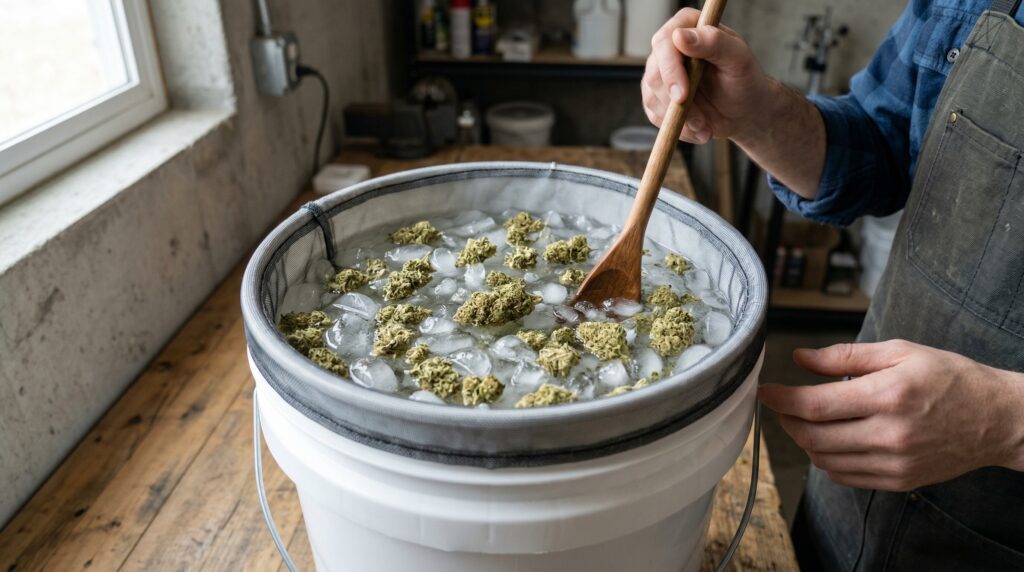 A bubble hash bucket containing flowers and a mesh bag for collecting the trichomes, along with ice water to loosen them.