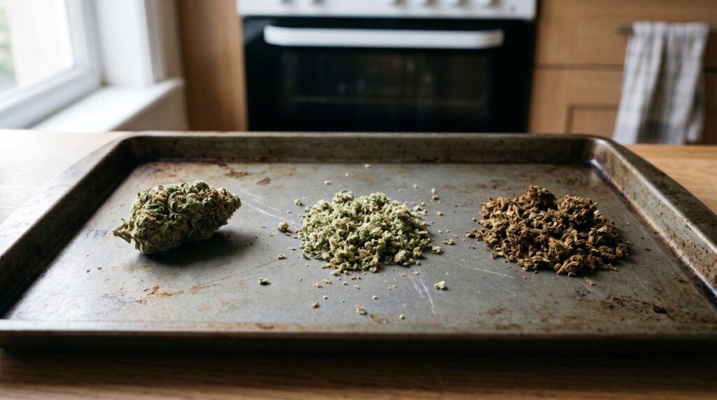 Eine Cannabisblüte, sowie frisches und verdampftes Material auf einem Backblech. Bei dem verwenden eines Vaporizers, ist das zusätzliche aktivieren von Cannabis im Backofen nicht zwingend erforderlich. 