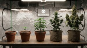 Cannabis in verschiedenen Wachstumsphasen vom Samen bis zur Blüte