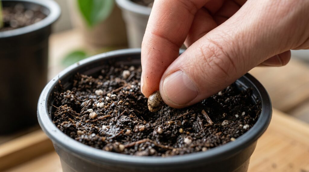 Cannabissamen wird direkt in die feuchte Erde gesteckt zum keimen.