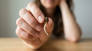 Eine Frau zeigt ihren gekeimten Cannabissamen in die Kamera. Die Pfahlwurzel ist sehr gut zu erkennen.