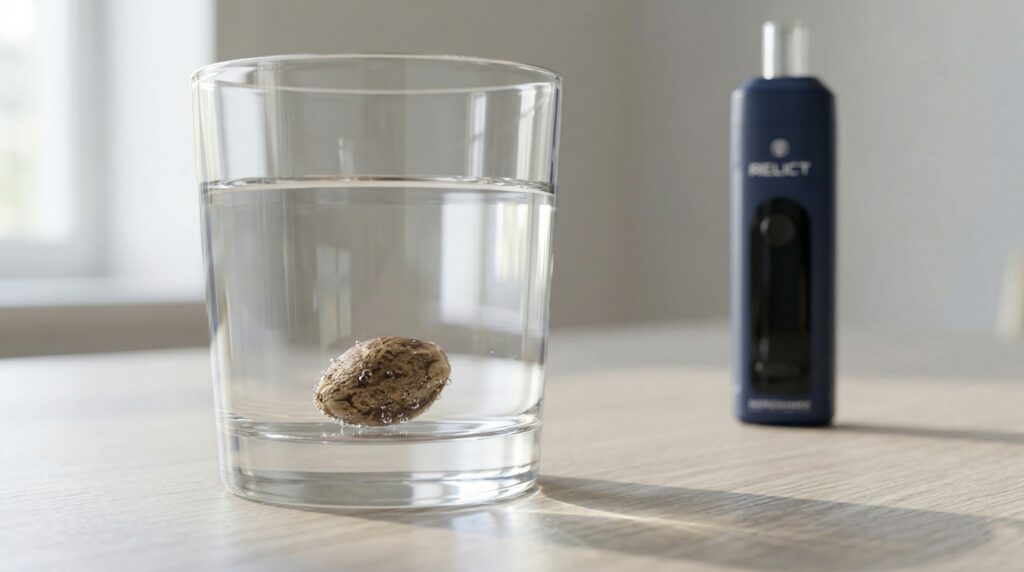 Ein Cannabissamen ist in einem Wasserglas für die Keimung. Der Relict Vaporizer von Norddampf steht im Hintergrund.