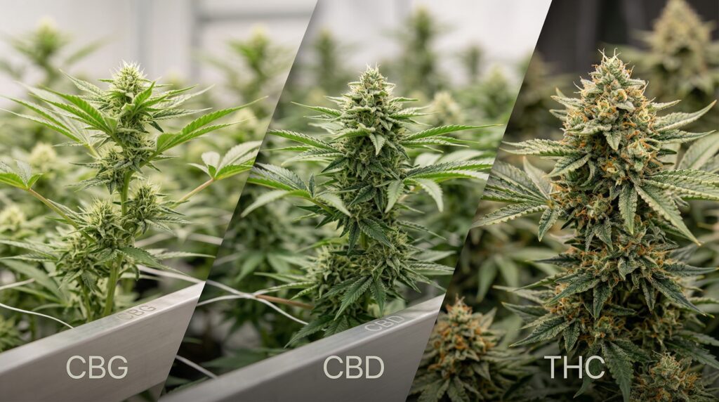Cannabis in verschiedenen Wachstum Stadium, Links sieht man eine CBG Pflanze, mittig eine CBD und rechts eine reife potente THC Blüte