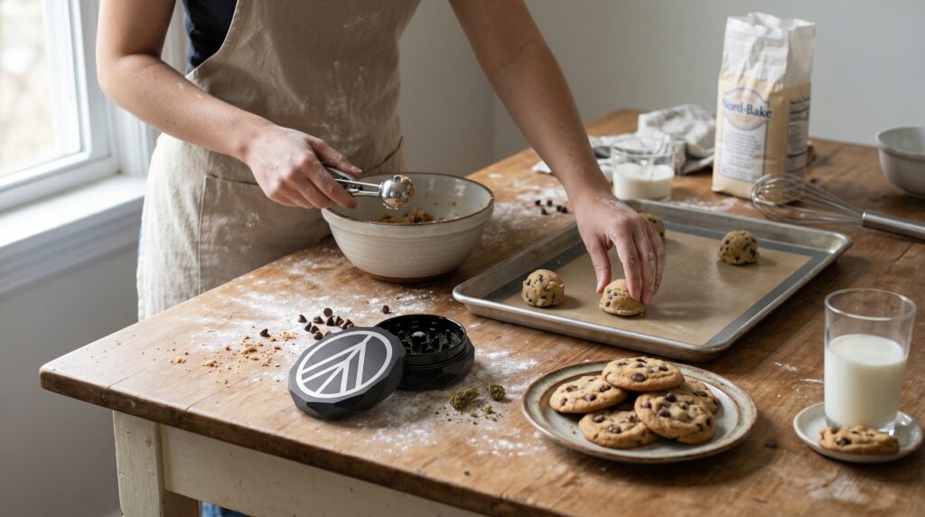 Edibles sind in verschiedenen Arten herzustellen. Cookies und Backwaren allgemein sind sehr beliebt. Das Material sollte vorher gegrindet werden, wie hier mit dem Norddampf Grinder. 