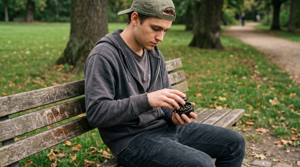 Ein Mann, sitzt auf einer Parkbank und grindet mit einem 2 tlg. Grinder von Norddampf seine Medizin.