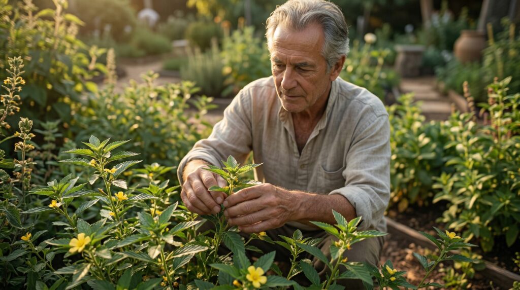 ein Mann der in seinem Garten Damiana angebaut hat und aktuell pflegt. 