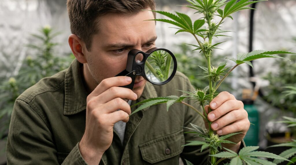 Ein Mann prüft seine Cannabispflanze nach männlichen Pollensäcken. Pollensäcke können weibliche Pflanzen befruchten und führt zu Samen in der Ernte.