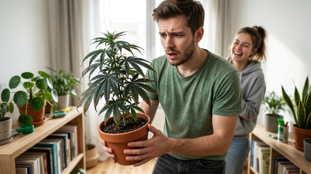 Un hombre ha echado demasiado abono a su planta de cannabis y se pregunta cómo ha podido pasar eso. Su novia se ríe porque él está tan horrorizado. 