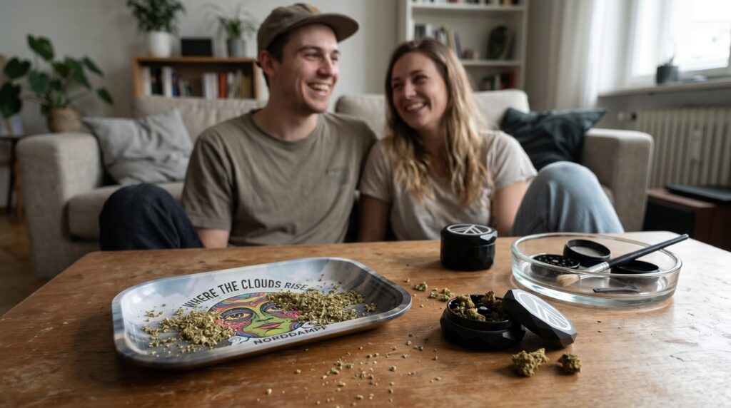 Ein Paar sitzt auf dem Sofa und chillt. Auf dem Tisch ist ein Rollingtray von Norddampf mit 2 Verschiedenen Grindern. 2 Teilig und 4 Teilig.