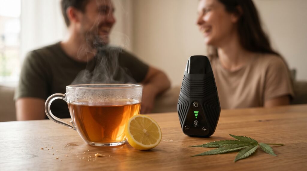 Linalool ist auch in Zitronen enthalten, aber auch in Cannabis. Somit kann man Linalool in einem Zitronentee zusich nehmen, aber auch verdampfen wie mit Cannabis in einem Vaporizer. Geeignet ist auch der Voity, der ebenfalls auf dem Tisch steht. 