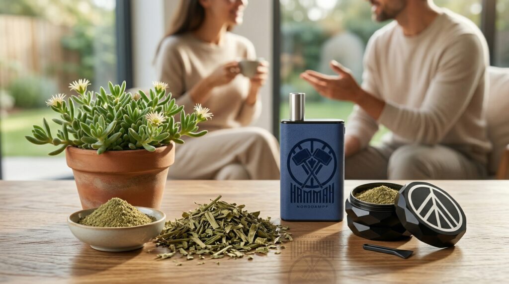 A couple is sitting comfortably on the sofa. On the table is a Kanna plant, along with the HammaH and the Norddampf .