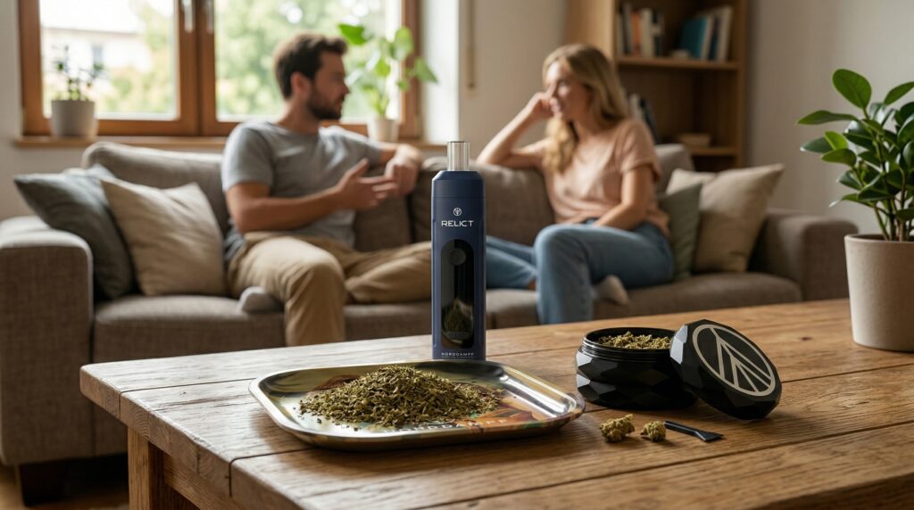 Auf dem Tisch steht der Relict Vaporizer von Norddampf. Auf dem Rollingtray ist das Damiana bereit zum verdampfen. Der Relict Grinder eignet sich für das zerkleinern der Kräuter. Das Paar im Hintergrund hat ein interessantes Gespräch