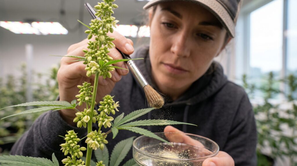 Eine Frau nimmt Pollen aus den Pollensäcken einer männlichen Cannabispflanze, um andere Pflanzen gewollt zu bestäuben. Cannabiszucht und Kreuzung