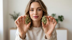 eine Frau zeigt den unterschied von cbd und cbg blüten