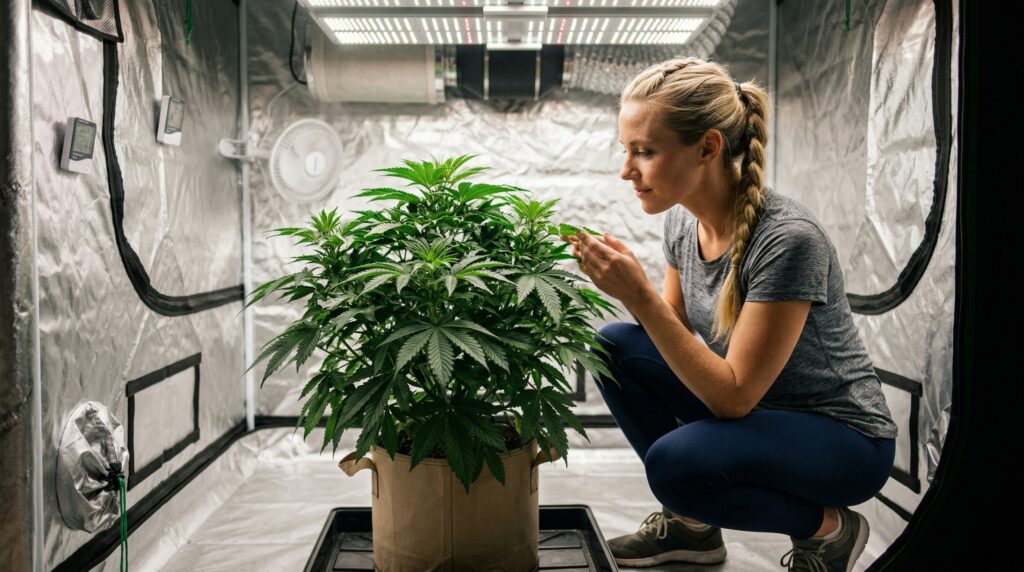 Una joven revisa el estado actual de su planta de cannabis. No se aprecia ni un exceso de nutrientes que provoque un bloqueo ni una falta de nutrientes. 