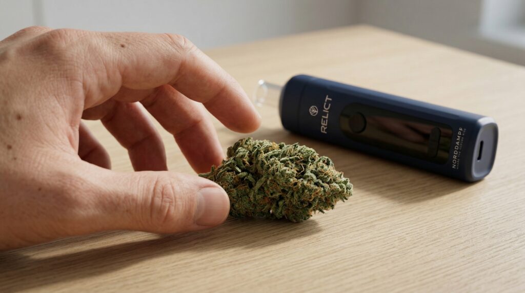 Una mano coge una flor de cannabis ya preparada. Sobre la mesa está el RELICT de Norddampf , listo Norddampf vaporizar las hierbas.