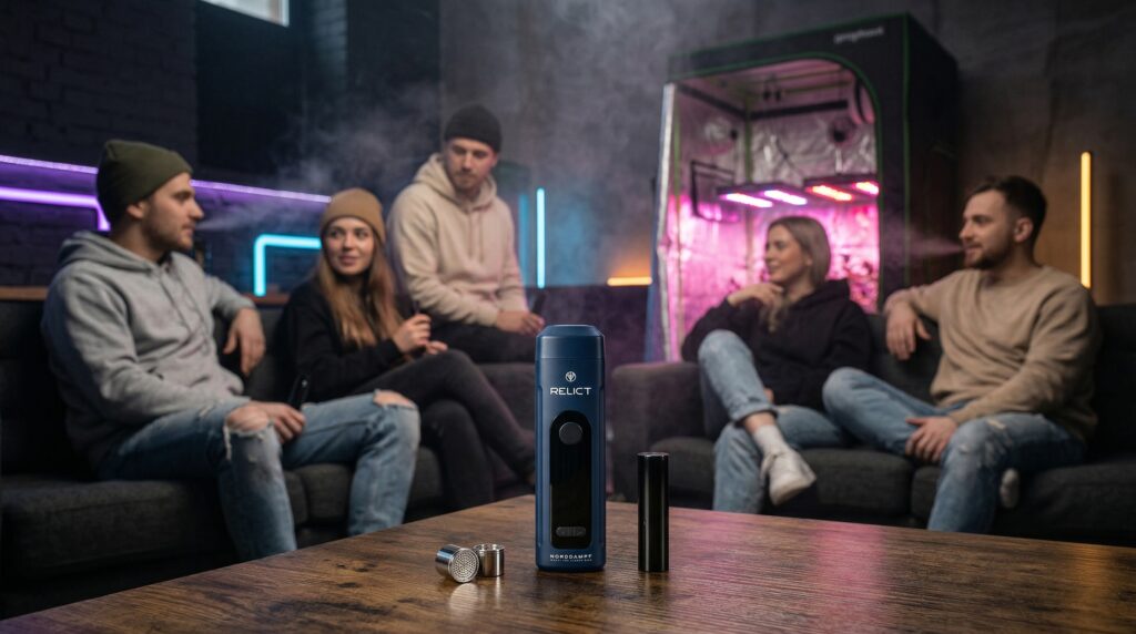 Eine Gruppe von Menschen, sitzt entspannt bei einer Freundin und unterhalten sich über den Anbau und die Wirkstoffe von Cannabis. Der Relict Vaporizer von Norddampf ist auf dem Tisch zusehen. 