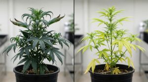 Bezpośrednie porównanie rośliny konopi nadmiernie nawożonej i niedonawożonej