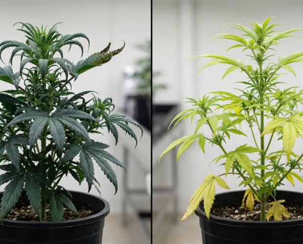 Una planta de cannabis con exceso de fertilizante y otra con falta de fertilizante, en comparación directa
