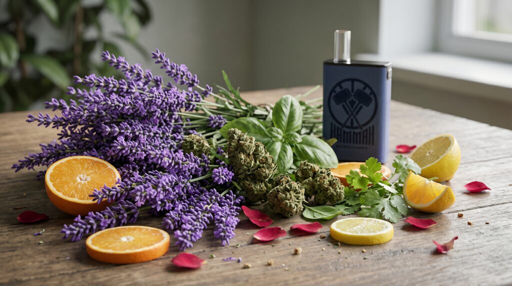 Früchte, Kräuter und Cannabis enthalten das Terpen Linalool. Der Hammah, ebenfalls auf dem Tisch ist ein Kräuterverdampfer, mit dem man auch eine Aromatherapie machen kann. 