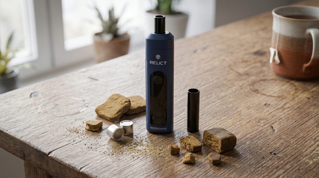 Der Relict Vaporizer von Norddampf wurde so entwickelt, dass auch das Verdampfen von Hasch möglich ist. Bedingt der hohen Temperaturen bis 240 Grad, sind auch Pollinate und Extrakte möglich zu verdampfen.