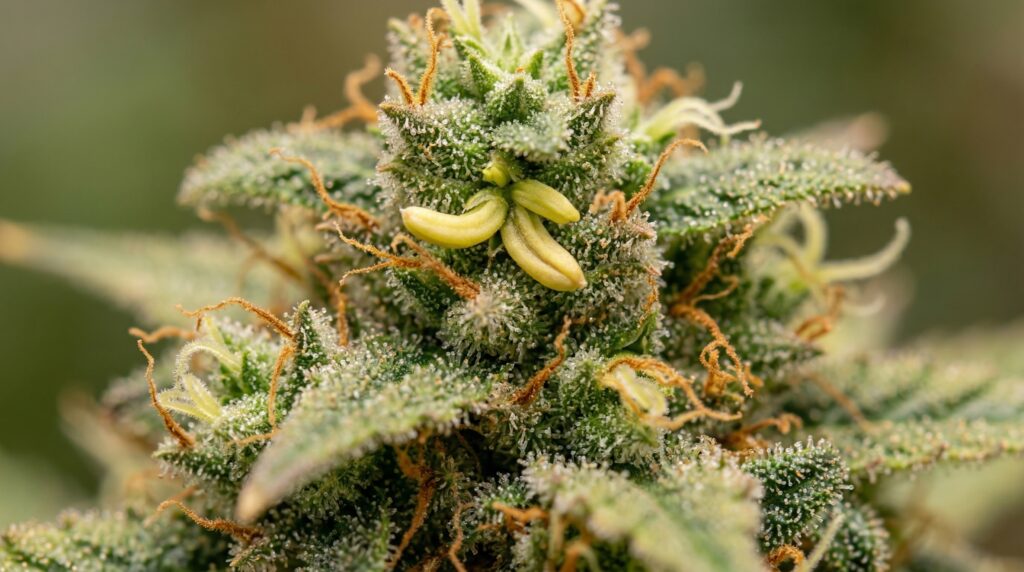 Eine Cannabispflanze mit sogenannten Nanners. Dies ist ein Zeichen, dass die Pflanze gezwittert hat.