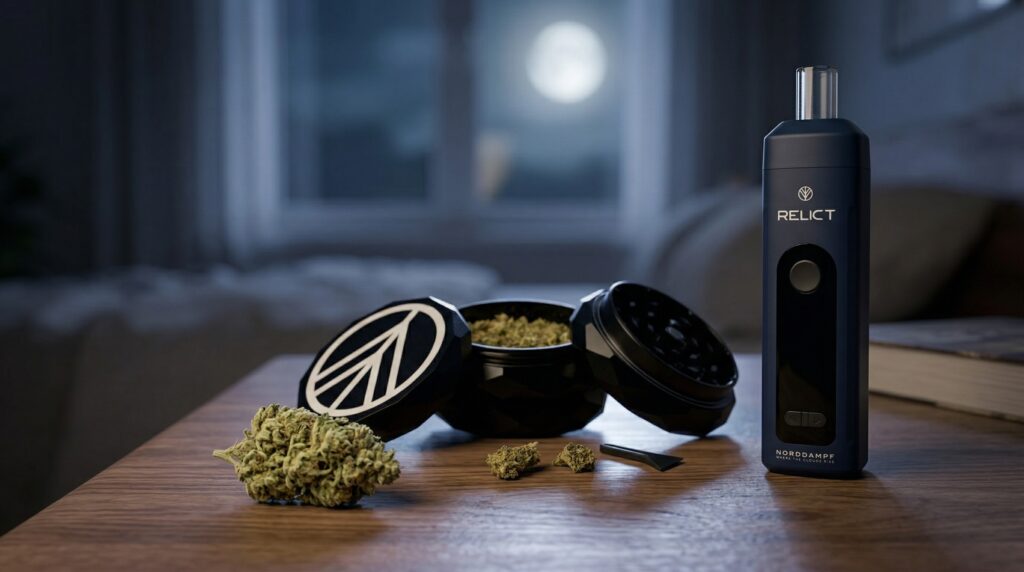 Norddampf Relict Vaporizer auf dem Nachttisch.  Eine CBG Blüte liegt neben dem Grinder. 