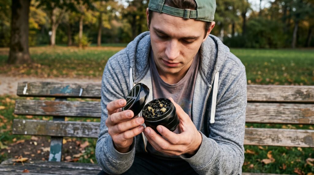 Hier testet der Mann den 4 tlg. Grinder von Norddampf auf der Parkbank.