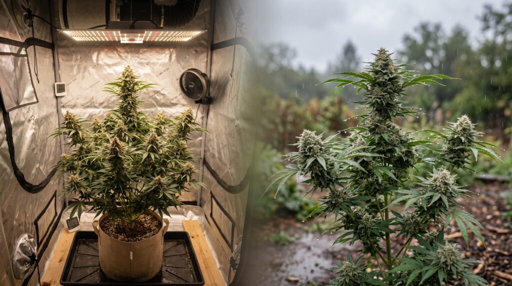 Ein direkter Vergleich zwischen Indoor und Outdoor Anbau. Indoor hat man die volle Kontrolle, Outdoor ist man der Umwelteinflüsse ausgeliefert.