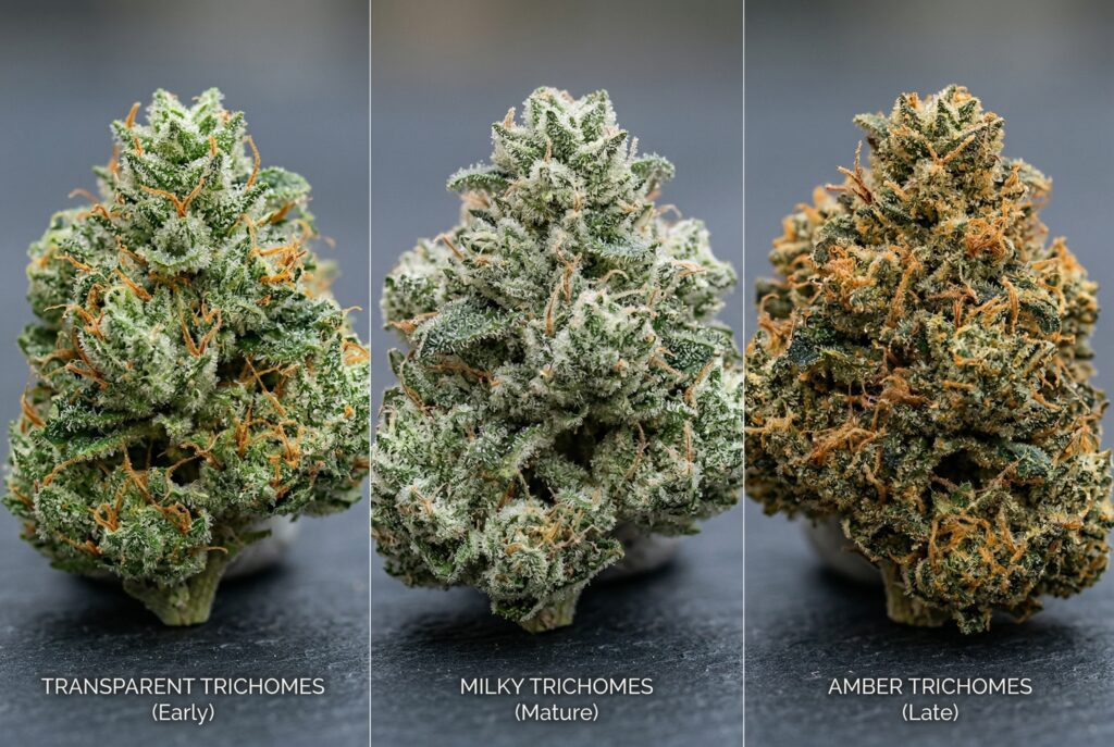 3 types of trichomes. This determines the harvest time. Depending on the color of the trichomes, the plant’s cannabinoid content and effects vary.