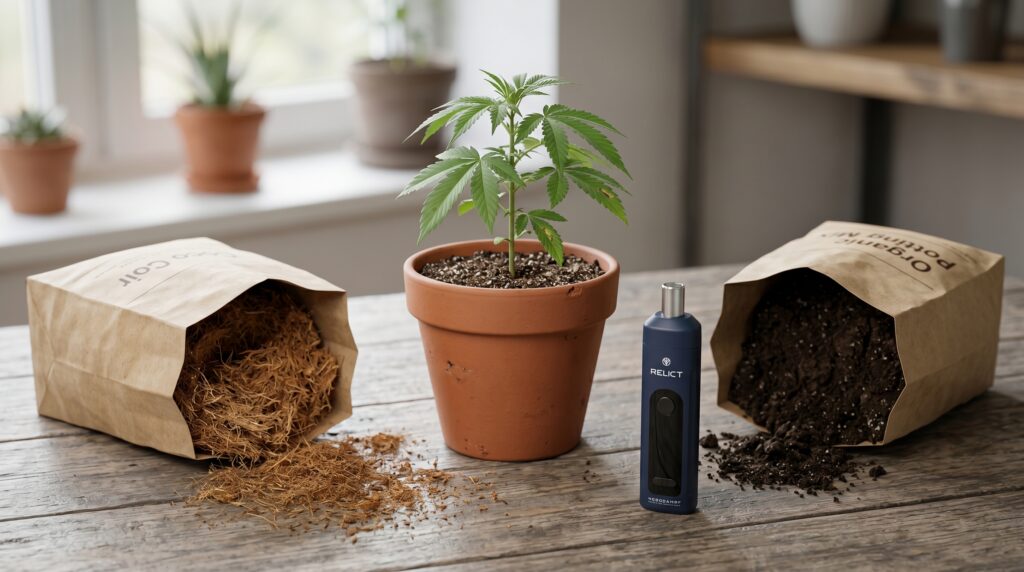Cannabis during the vegetative phase. The choice of growing medium is also very important for nutrient supply. The Relict also on the table.