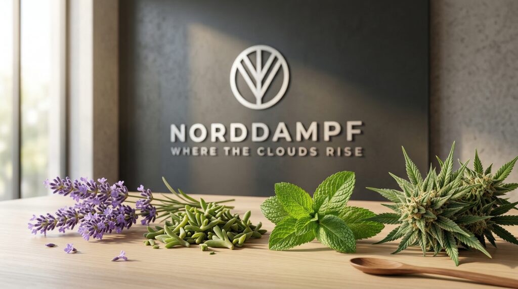 Verschiedene Kräuter, wie Lavendel, Kanna; Minze und Cannabis, liegen zum Vergleich auf dem Tisch.