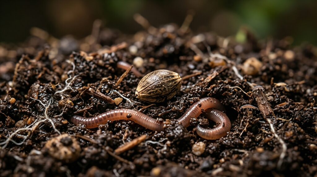 Ya tienes una semilla de cannabis lista para plantar en tu tierra Livingsoil. La presencia de un gusano de tierra indica que el suelo está sano. Que la vida del suelo esté activa es una parte importante del cultivo ecológico.