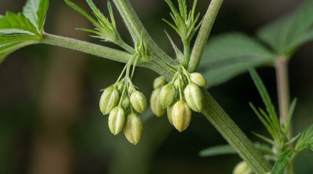Pollensäcke an einer weiblichen Cannabispflanze. Hier gut zu sehen, wie diese gezwittert hat.