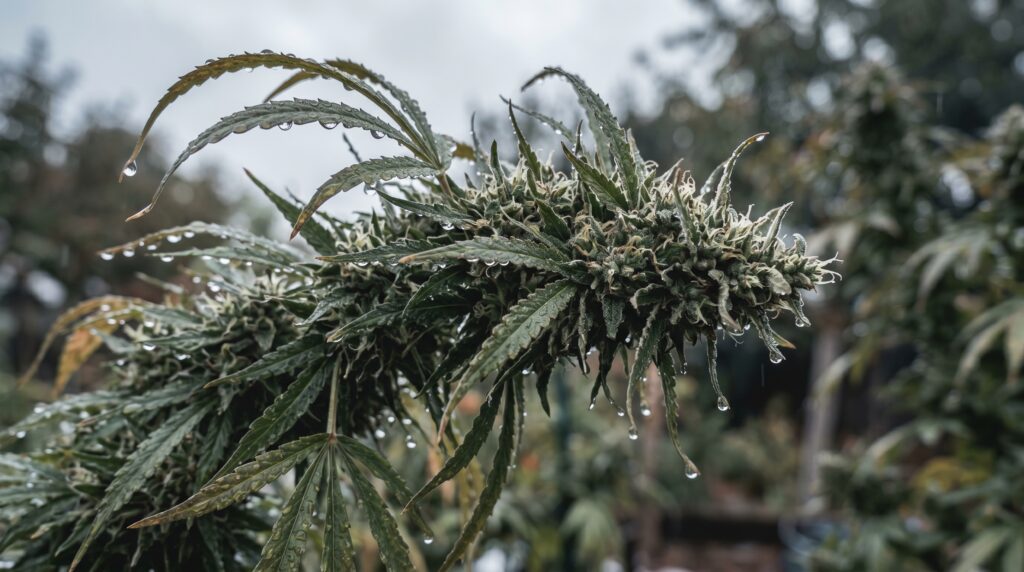 Eine Cannabispflanze, welche im Outdoorbereich angebaut wurde, ist von dem Regen vollständig durchnässt. Derartige Schadbilder erhöhen das Schimmelrisiko deutlich.