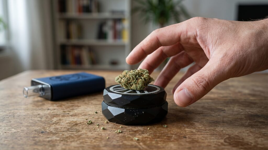 Norddampf HammaH Vaporizer und der 2tlg. Grinder mit einer Cannabisblüte sind bereit. 