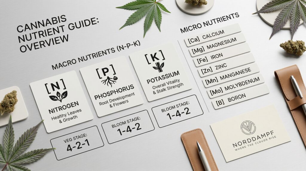 El cannabis necesita una gran variedad de nutrientes. Entre ellos no solo se encuentran los NPK, sino también el calcio, el zinc, el magnesio y muchos otros micro y macronutrientes. La proporción también es importante según la fase de crecimiento.
