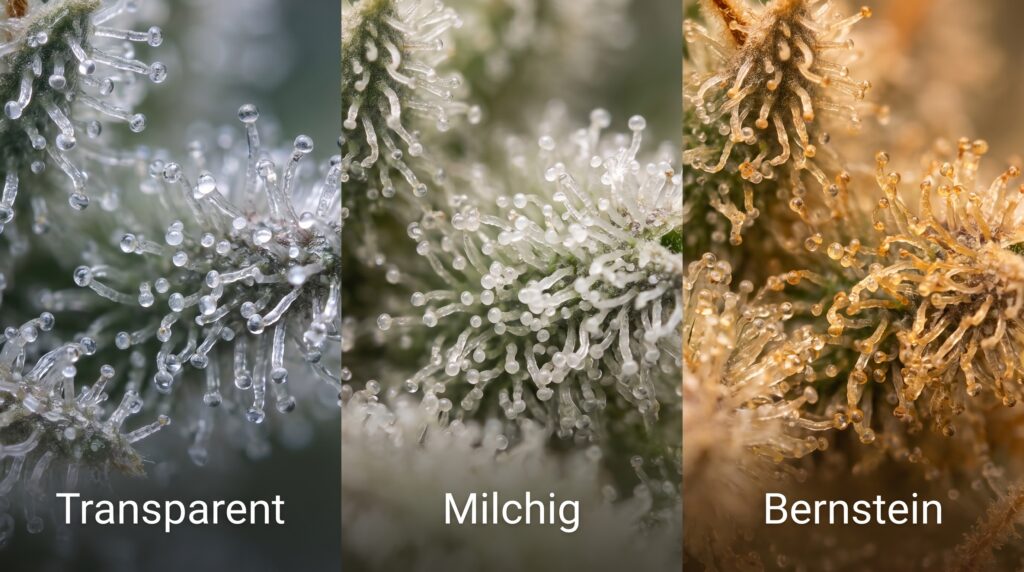 Eine Nahaufnahme der Tricohme. Hier ist der Reifegrad der Blüte sehr gut zu bestimmen. Transparent, nicht reif, milchig, THC Maximum, Bernstein, überreif, Sedierender Effekt durch CBN.
