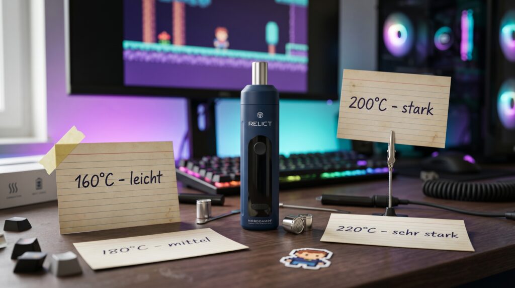 Der Relict steht auf einem Gamingtisch. Die Zettel deuten den Grad der AVBs hin. Je niedriger die Temperatur, desto schwächer wurde das Material verbraucht. 