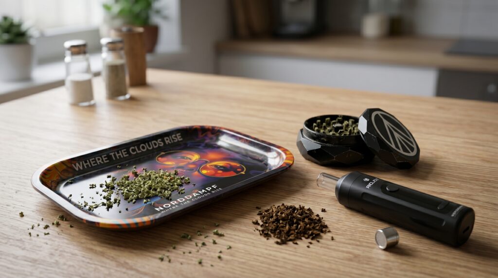 Norddampf Rollingtray mit dem Relict und frisch verarbeitetes Cannabis. Ebenso ist auch AVB nach dem Verdampfen auf dem Tisch zu erkennen.