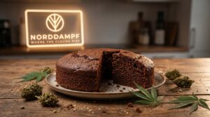 Ein echter Space Cake ist bereit für den Verzehr. Norddampf LED ist im Hintergrund gut zu erkennen