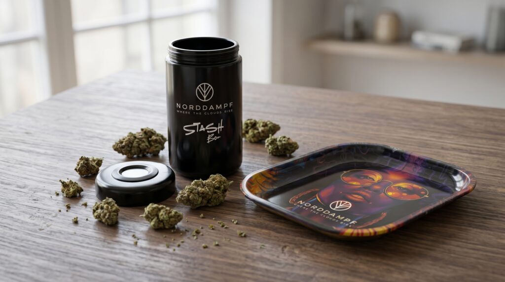 The Norddampf Stashbox Norddampf hygrometer ensures that your cannabis is stored perfectly, so that terpenes and cannabinoids are well preserved. The rolling tray is ideal for preparing your buds without wasting any.