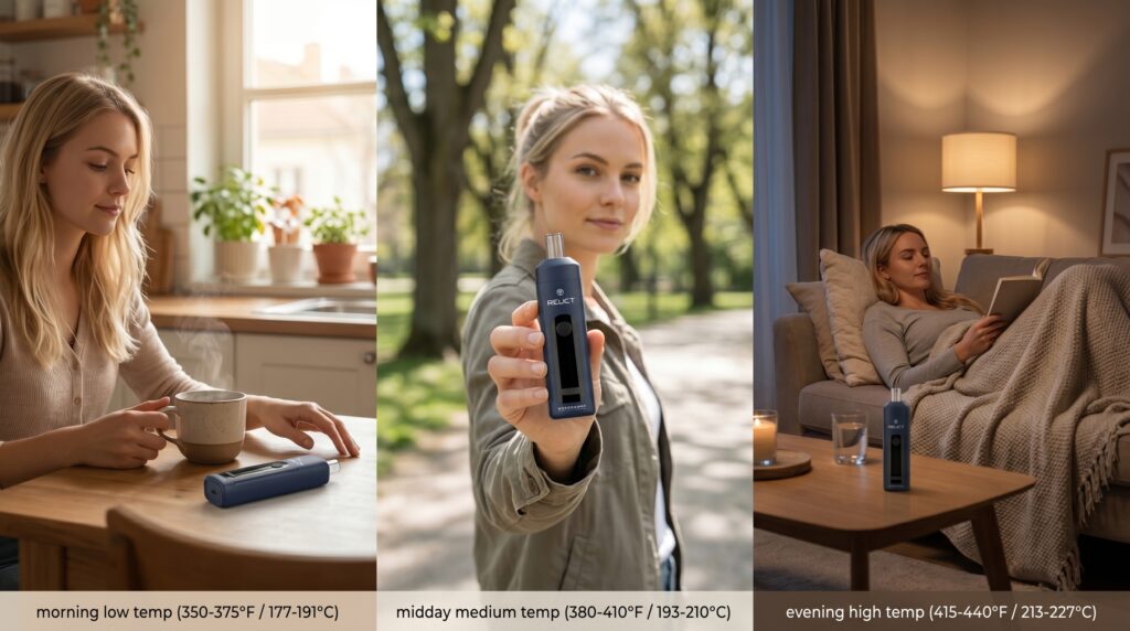Die Temperatur kann den Effekt deiner Kräuter und Cannabis beeinflussen. Niedrige Temperaturen für morgens, Mittags im mittleren Bereich und hohe Temperaturen ist geeignet für Abends. Der Relict Vaporizer bietet einen Umfangreichen Temperaturbereich für alle Phasen des Tages ab. 
