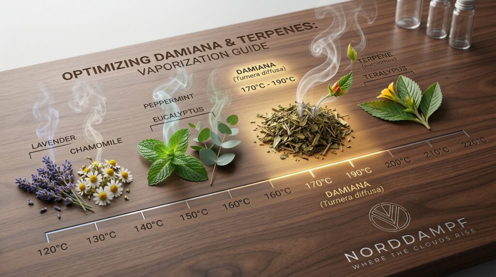 Die perfekten Temperaturen für Kräuter werden auf einer Skala angegeben. Damiana hat ein Temperaturbereich von 170 - 190 Grad, wo es am besten verdampft wird. 