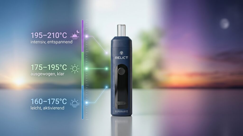 Eine Skala zeigt hier die möglichen Temperaturen im Wirkungsbereich. Der Relict deckt ein breites Spektrum ab, welches das Erlebnis verbessert. 