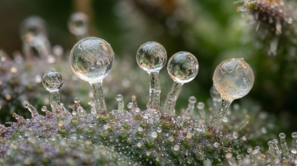 Close-up of trichome heads. The best way to determine when they are mature is to examine them under a microscope. 
